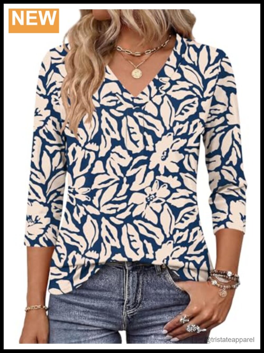 Women's 3/4 Sleeve V Neck Floral Tunic Top Loose Fit Casual Boho Shirt